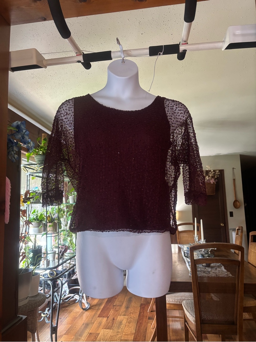 Vintage Piazza Italia Sheer Knit Half Sleeve Top in Deep Wine Size M